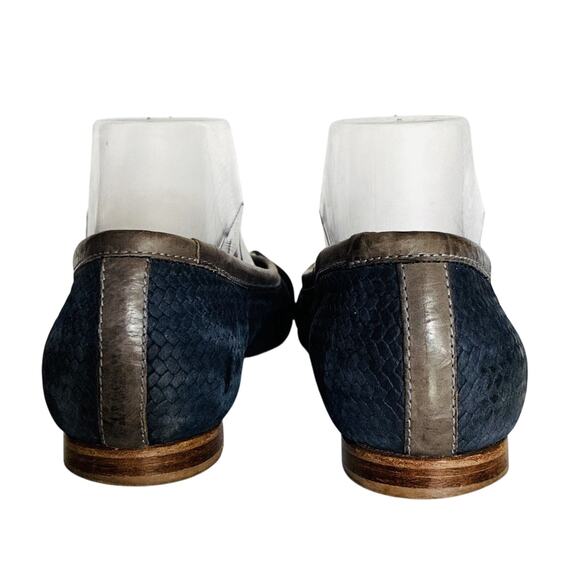 AGL Sz 9 Vero Cuoio Italian Gray Leather Toe Dble Bkl Blue Suede Braided Flats - Picture 2 of 7
